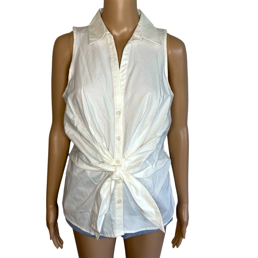 Nine West Solid White Collared Sleeveless Button Down Tie Front Tank Top Shirt